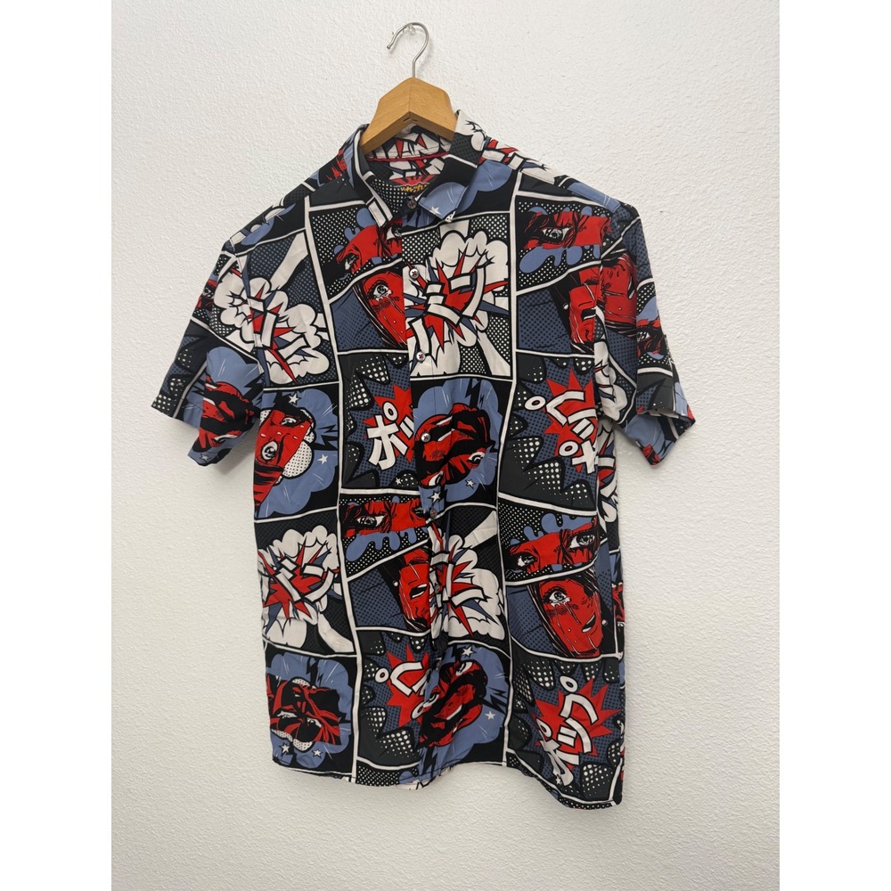 Fresh Prints of Tokyo Anime Comic Print Button Up Shirt Mens Medium Red Blue